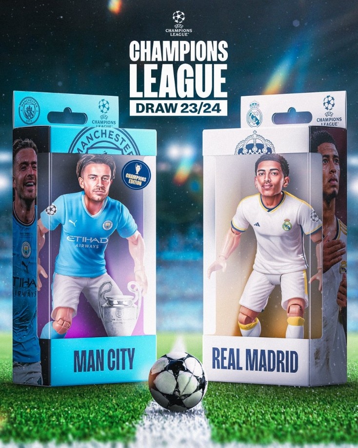 曼城官方发布欧冠8强海报！格拉利什&贝林厄姆趣味手办造型曝光